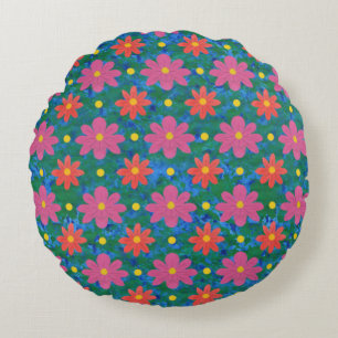 Fleurs Rangoli, Pois sur Coussin Rond Bleu