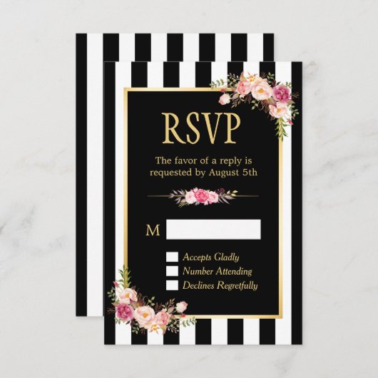 Fleurs rayées noires et blanches Cadres or RSVP (Devant / Derrière)