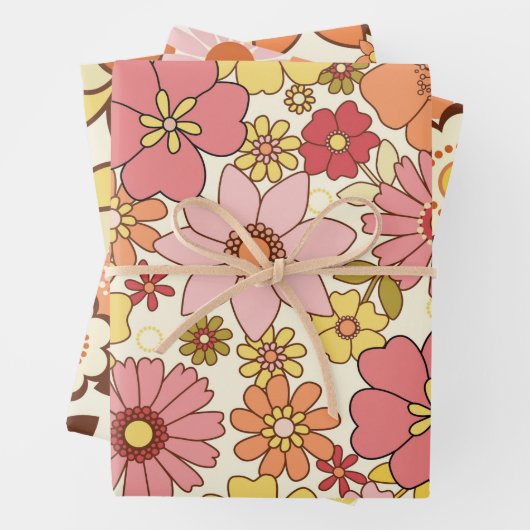 Fleurs rétro 1960 - Jeu de 3 feuilles (En situation)