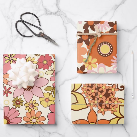 Fleurs rétro 1960 - Jeu de 3 feuilles (Recto)