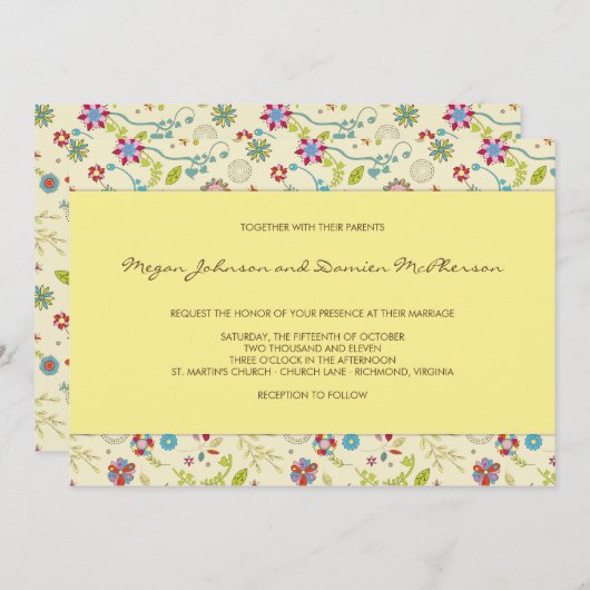 Fleurs rétro ・ Jaune ・ Faire-part de mariage (Devant / Derrière)