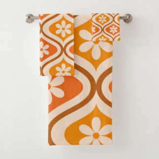 Fleurs rétro sur fond orange et motif ogee ambre