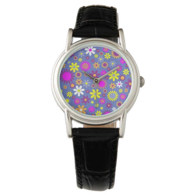 Fleurs rétro sur montre femme violette (devant)