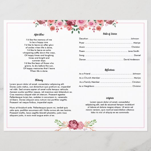 FLEURS ROSE DE COULEUR D'EAU | Modèle du programme (Dos)