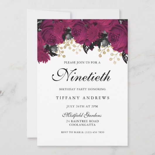 Fleurs rose Marsala 90e anniversaire Invitation de (Devant)