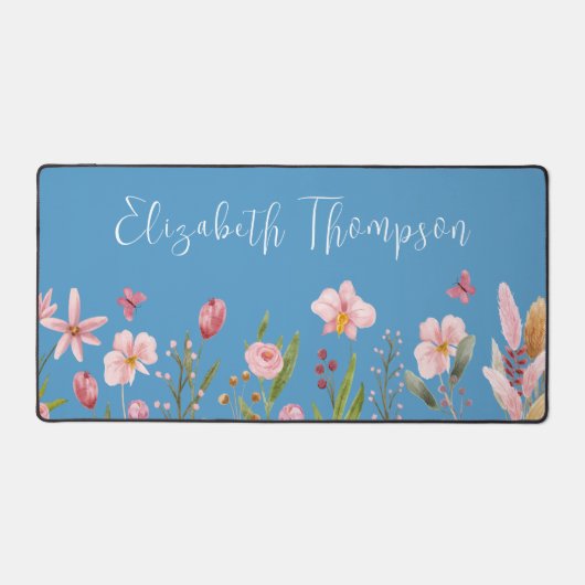 Fleurs roses Aquarelle Élégante Nom du script Bleu (Recto)