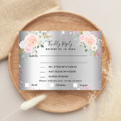 Fleurs roses argentées menu mariage RSVP