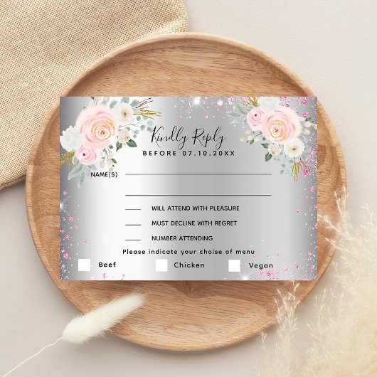 Fleurs roses argentées menu mariage RSVP
