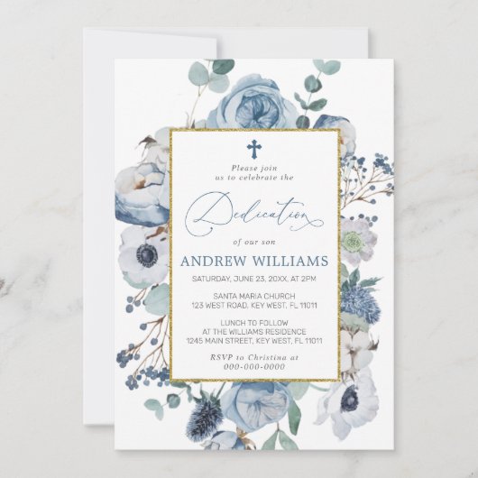 Fleurs Roses bleues Dedication Invitation (Devant)