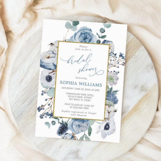 Fleurs Roses Bleues Invitation à la douche nuptial