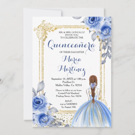 Fleurs Roses bleues Quinceañera Invitation (Devant)