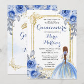 Fleurs Roses bleues Quinceañera Invitation (Devant / Derrière)