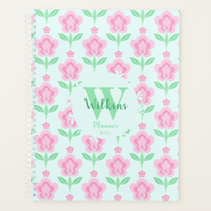 Fleurs roses Boho Retro Monogramme personnalisé