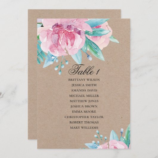 Fleurs roses. Carte des sièges mariages à fleurs r (Devant / Derrière)