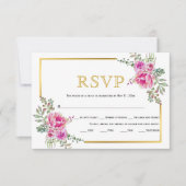 Fleurs roses chaudes, cadre or carte RSVP mariage (Devant)
