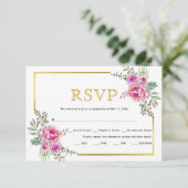 Fleurs roses chaudes, cadre or carte RSVP mariage (Debout devant)