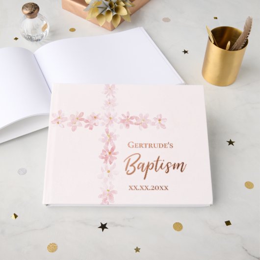 fleurs roses Croix Baptême (Recto ouvert)