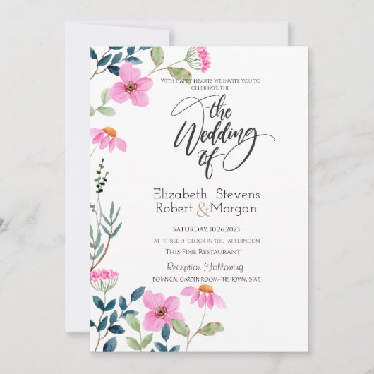 Fleurs roses de jardin Invitation de mariage (Devant)