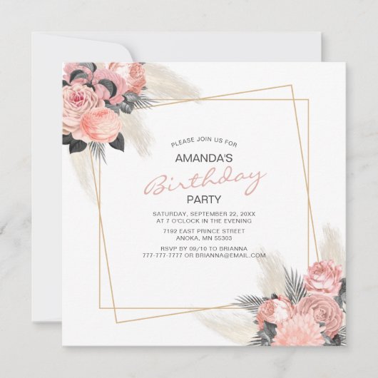 Fleurs Roses Élégantes Et Invitation D'anniversair (Devant)