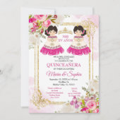 Fleurs roses et blanches Invitation Twin Quinceane (Devant)