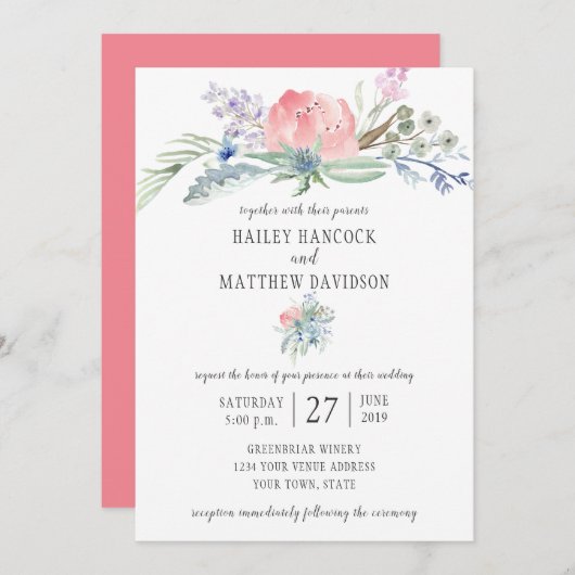 Fleurs roses et bleues Faire-part de mariage verdo (Devant / Derrière)