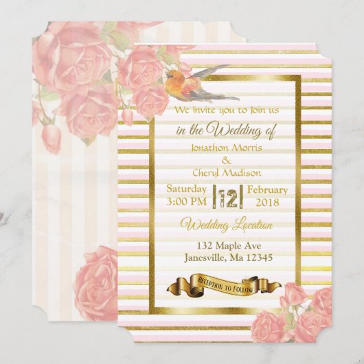 Fleurs roses et d'or et invitations de mariage d'o (Devant / Derrière)