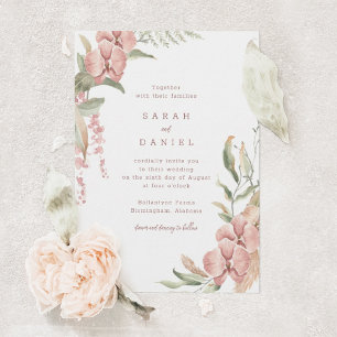 Fleurs roses et Faire-part de mariage verdoyante