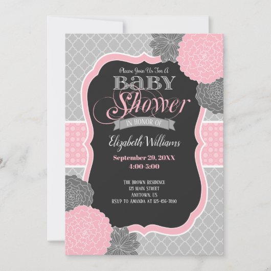 Fleurs roses et gris Baby shower Invitation (Devant)