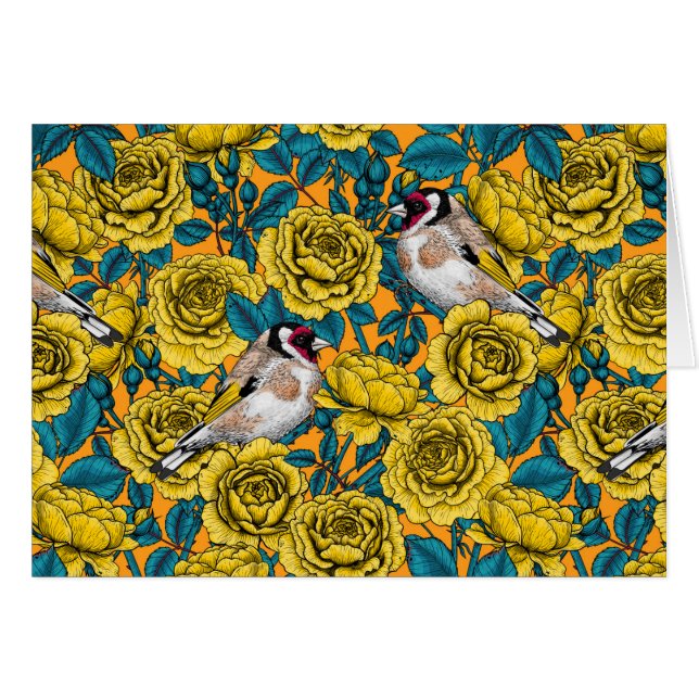Fleurs roses et oiseaux dorés (Devant horizontal)