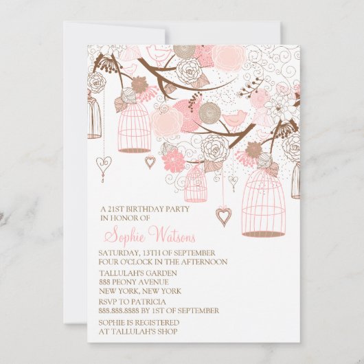 Fleurs roses et oiseaux Invitations d'anniversaire (Dos)