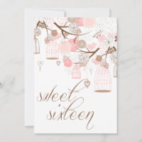 Fleurs roses et oiseaux Invitations Sweet sixteen