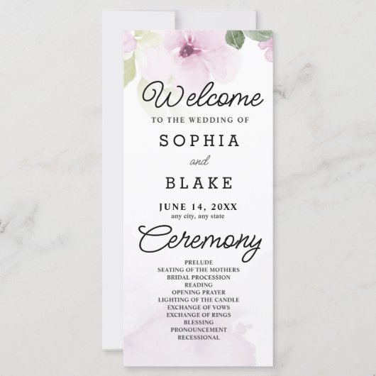 Fleurs roses et verdure Programme de mariage blanc (Devant)