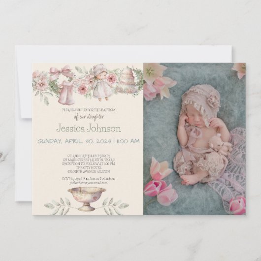 Fleurs roses Filles Baptême Invitation (Devant)