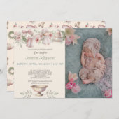 Fleurs roses Filles Baptême Invitation (Devant / Derrière)