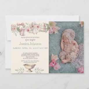 Fleurs roses Filles Baptême Invitation