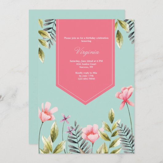 Fleurs roses Invitation de fête d'anniversaire (Devant / Derrière)