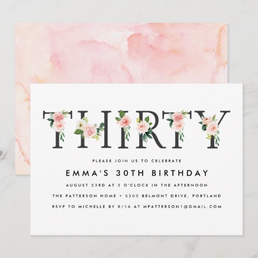 Fleurs Roses | Invitation pour une fête d'annivers (Devant / Derrière)
