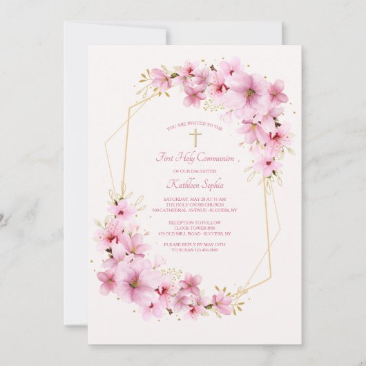 Fleurs roses Invitation religieuse (Devant)