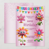 Fleurs roses joyeuses Invitation de fête d'anniver (Devant / Derrière)