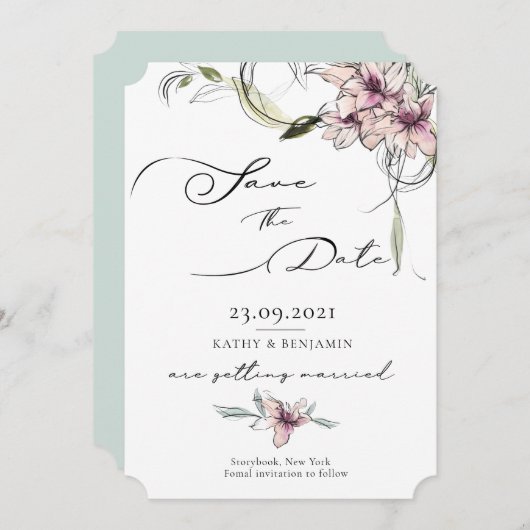 Fleurs Roses Lys Mariage Enregistrer La Carte Date (Devant / Derrière)