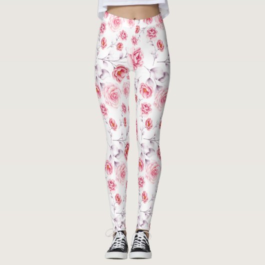 Fleurs roses motif sur leggings blancs (Devant)