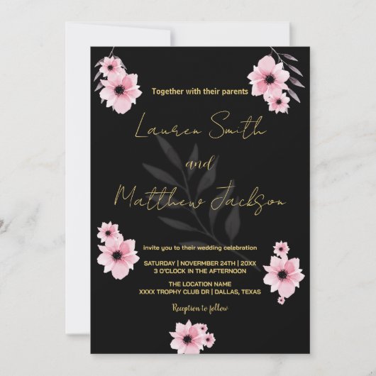 Fleurs roses noires Invitations de mariage (Devant)