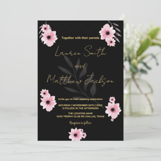 Fleurs roses noires Invitations de mariage (Debout devant)