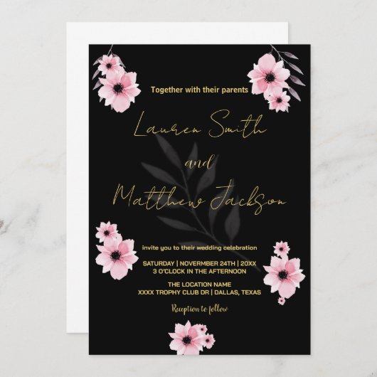 Fleurs roses noires Invitations de mariage (Devant / Derrière)