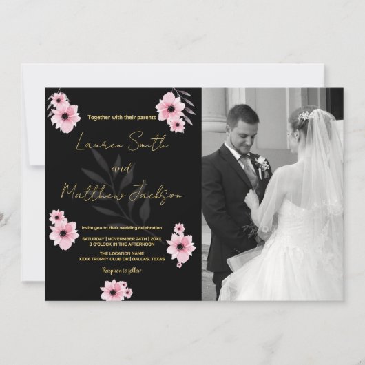 Fleurs roses noires Invitations de mariage avec ph (Devant)