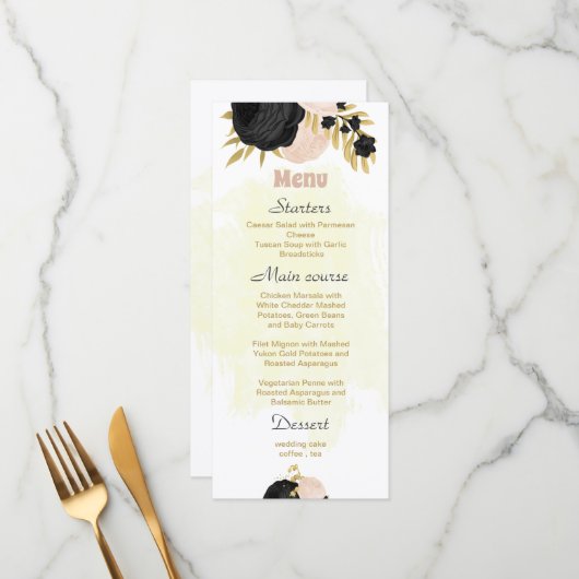 fleurs roses noires or botanique menu mariage (Devant/Arrière en situation)