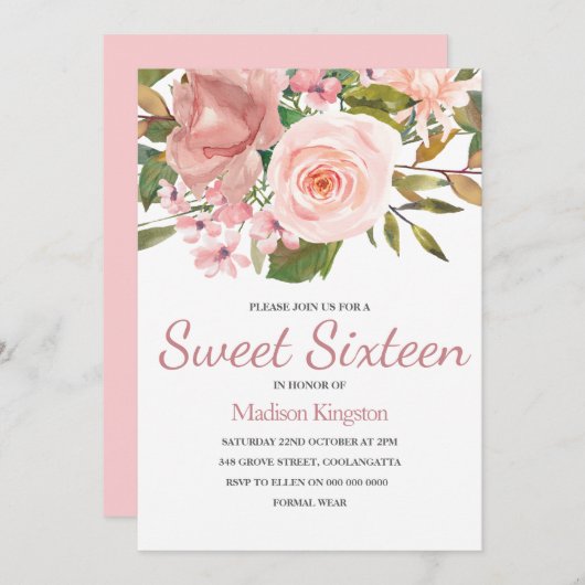 Fleurs roses or et blush Sweet 16 Invitation (Devant / Derrière)