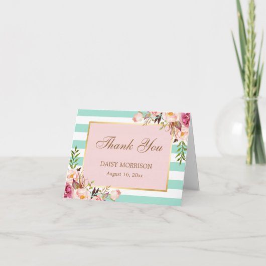 Fleurs roses or menthe vert rayures Merci (Devant)