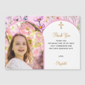 Fleurs roses photo First Communion Carte de remerc (Devant)