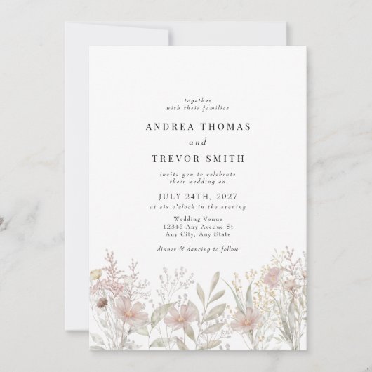 Fleurs roses poussiéreuses | Invitations de mariag (Devant)